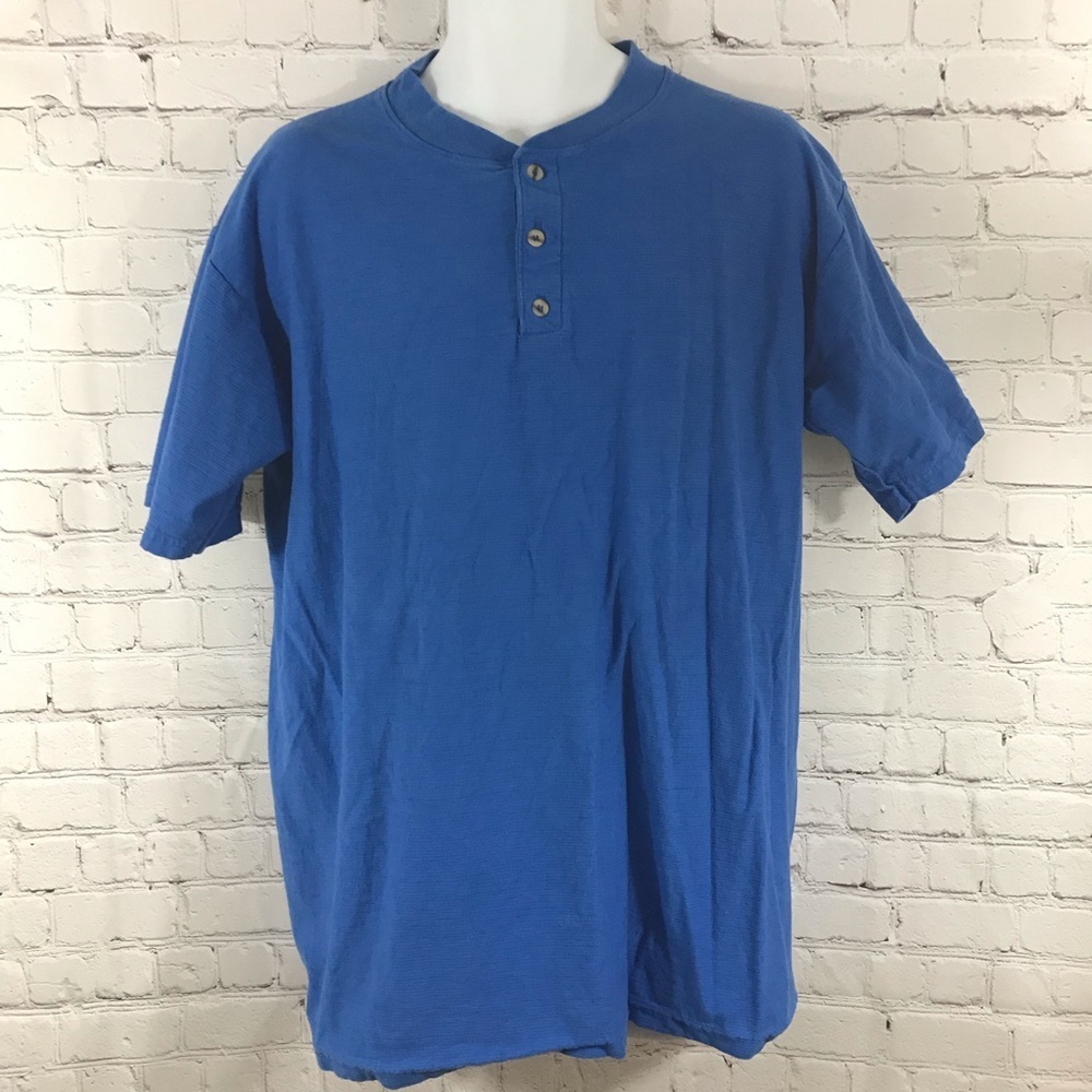 Oneita Blue Short Sleeve Cotton Henley Shirt Size Large Made In USA